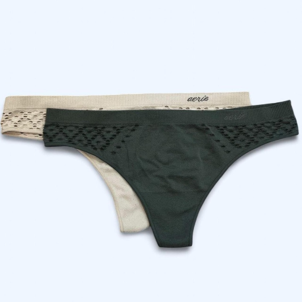 Aerie Women’s Size Small Cream And Green Nylon Mesh Thong | Bundle Of 2 Thongs